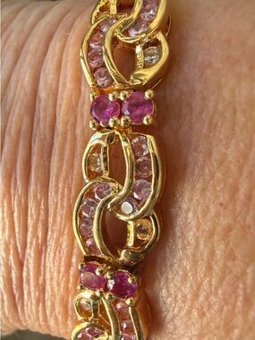 Vintage 18K Gold Over 925 CZ Pink and Clear Stone Link Bracelet 7.5” Heavy